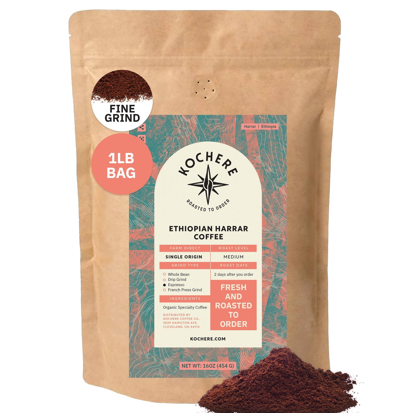 Kochere Coffee Ethiopian Harrar Natural Medium Roast - Fruity, Blueberry, Dark Chocolate Notes