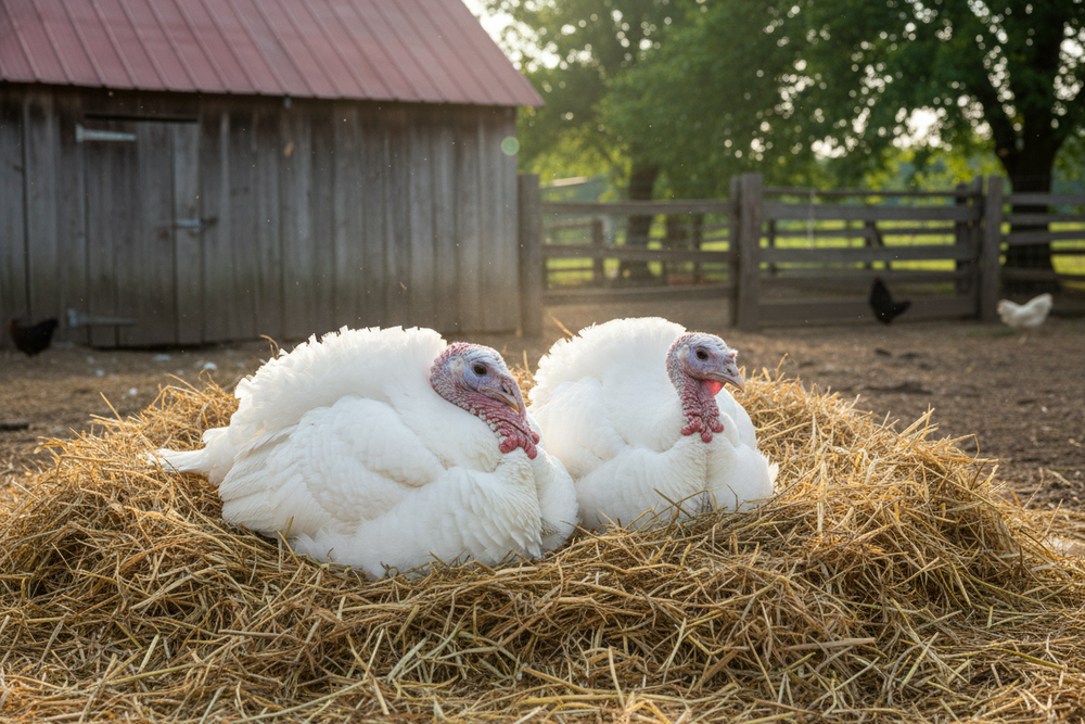 2 white turkeys in a bed of hay