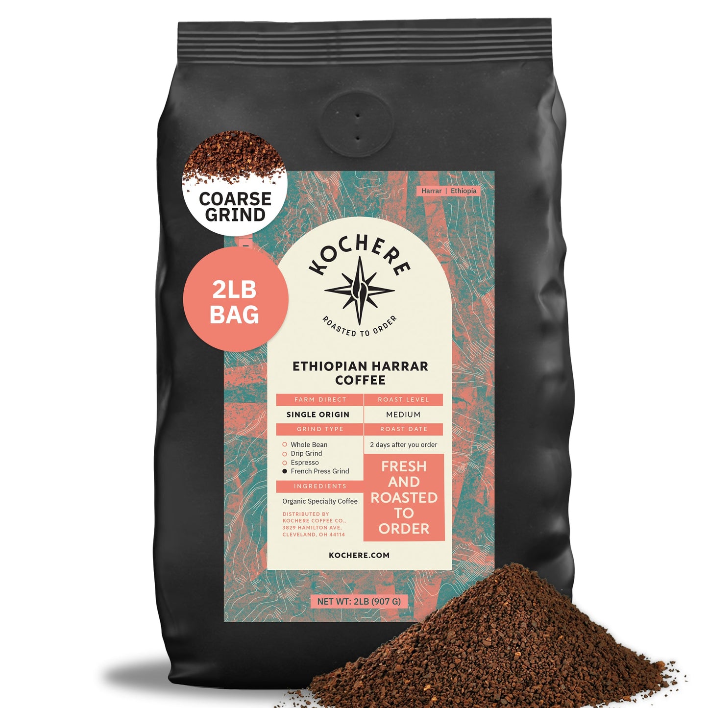 Kochere Coffee Ethiopian Harrar Natural Medium Roast - Fruity, Blueberry, Dark Chocolate Notes