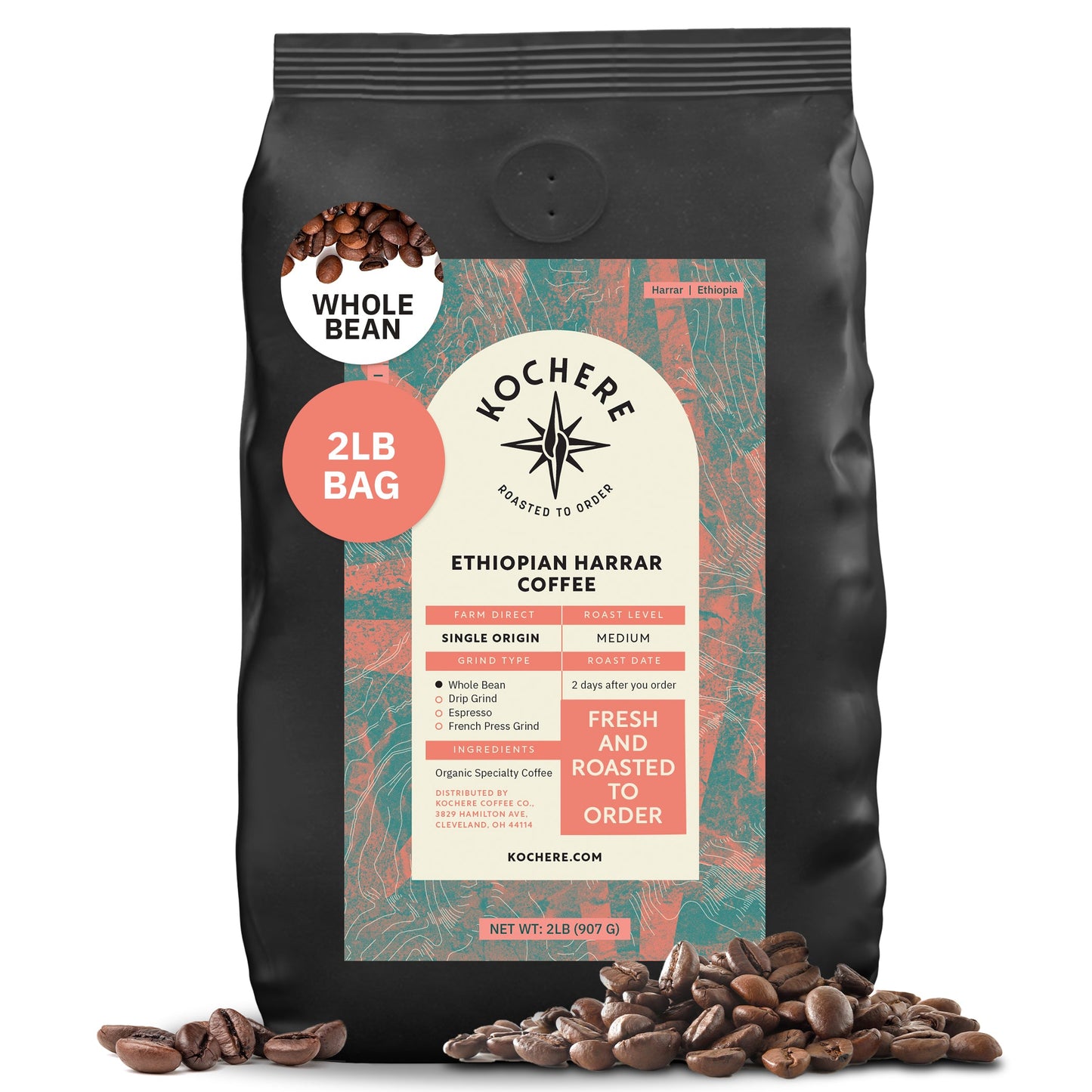 Kochere Coffee Ethiopian Harrar Natural Medium Roast - Fruity, Blueberry, Dark Chocolate Notes