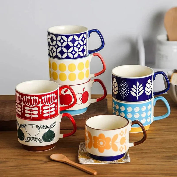 Japanese Flower Coffee Mug Set – Retro Ceramic Cup