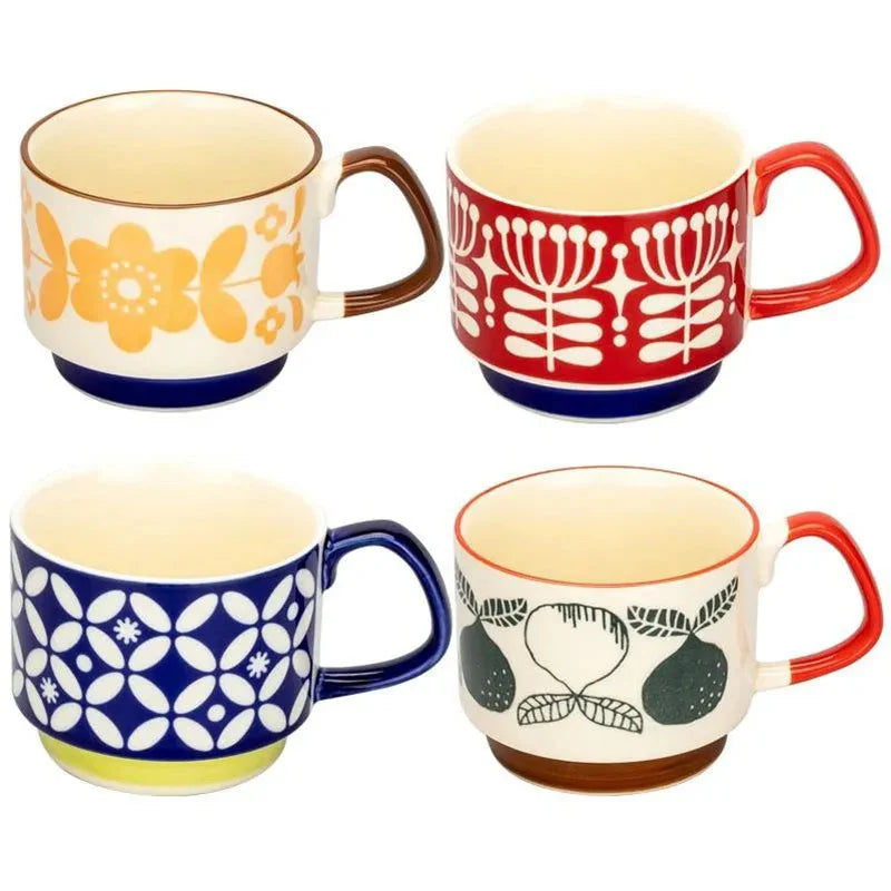 Japanisches Blumen-Kaffeebecher-Set – Retro-Keramiktasse