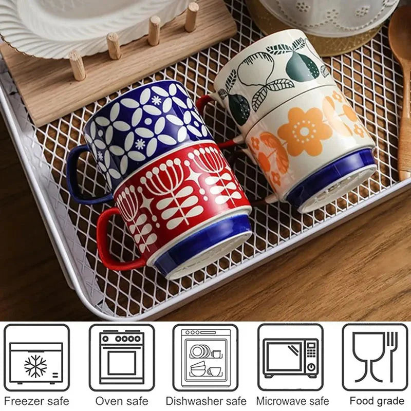 Japanisches Blumen-Kaffeebecher-Set – Retro-Keramiktasse