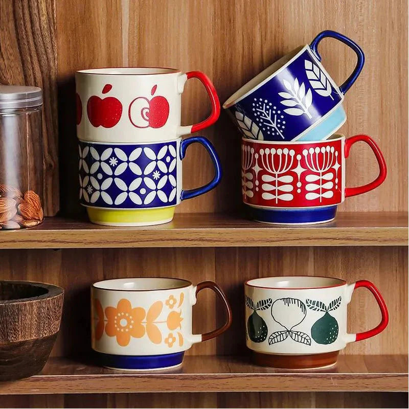 Japanisches Blumen-Kaffeebecher-Set – Retro-Keramiktasse