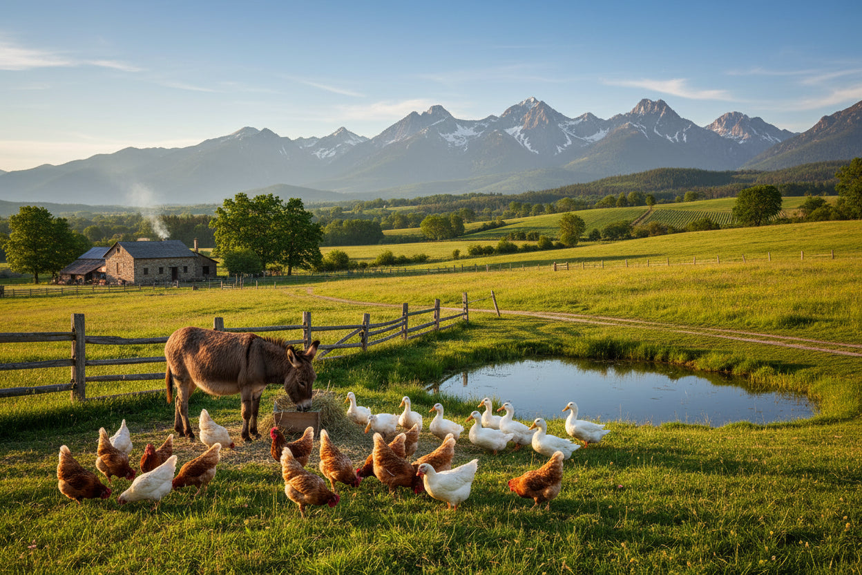 farm animals mountains chickens ducks donkey