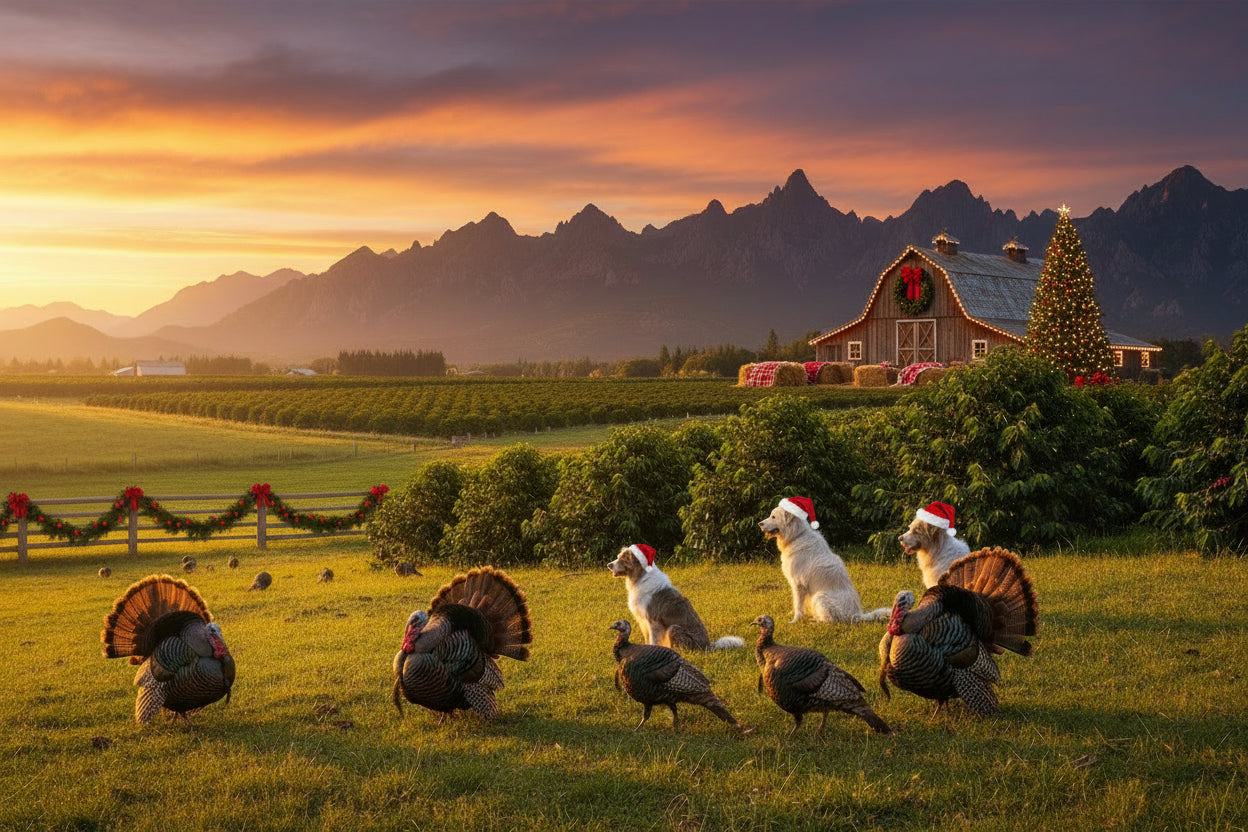 Holiday farm scene with turkeys and dogs