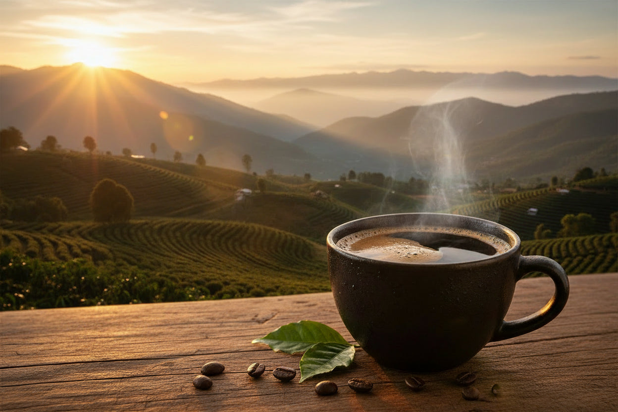Mountain sunrise coffee scene